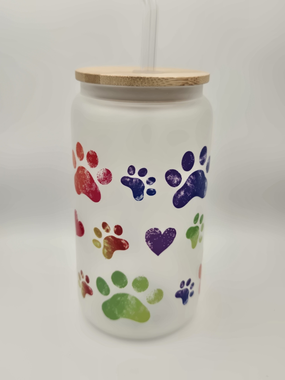 White Glass Paw-Print Tumbler with Bamboo Lid - Multi-Color